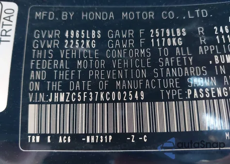 2019 Honda Clarity Plug-In Hybrid Touring from USA, damaged, VIN JHMZC5F37KC002549